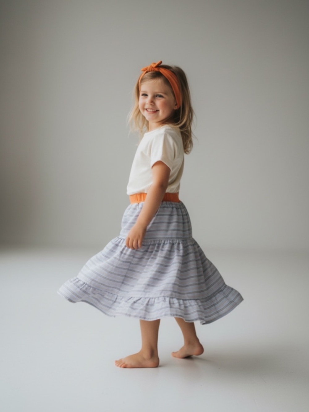 Skirt Girl 6/7 Long Blue & Orange Stripe Ruffle Tiered Cotton Mom and Pop's Kids